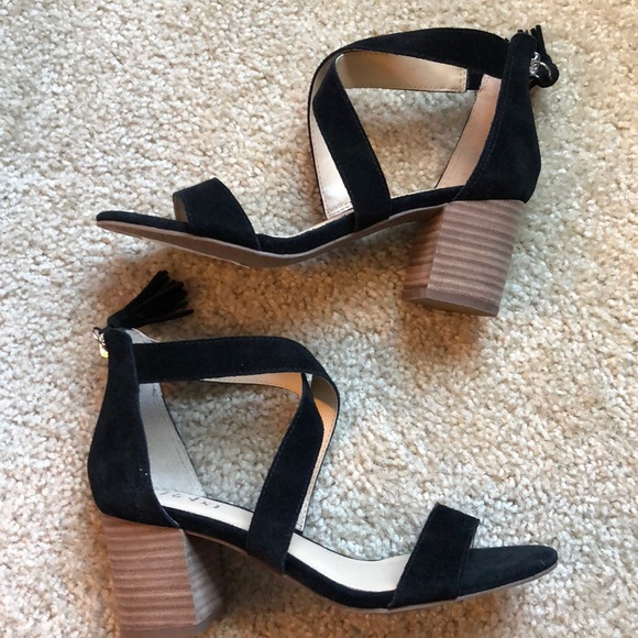 New Reba Quicker black suede tassel sandal shoe zipper size 6 suede block heel - Picture 4 of 7